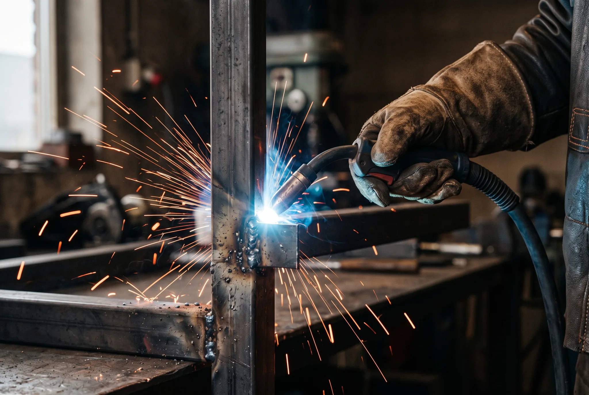 Gehandschoende hand last een stalen hoekverbinding, met een waaier van vonken