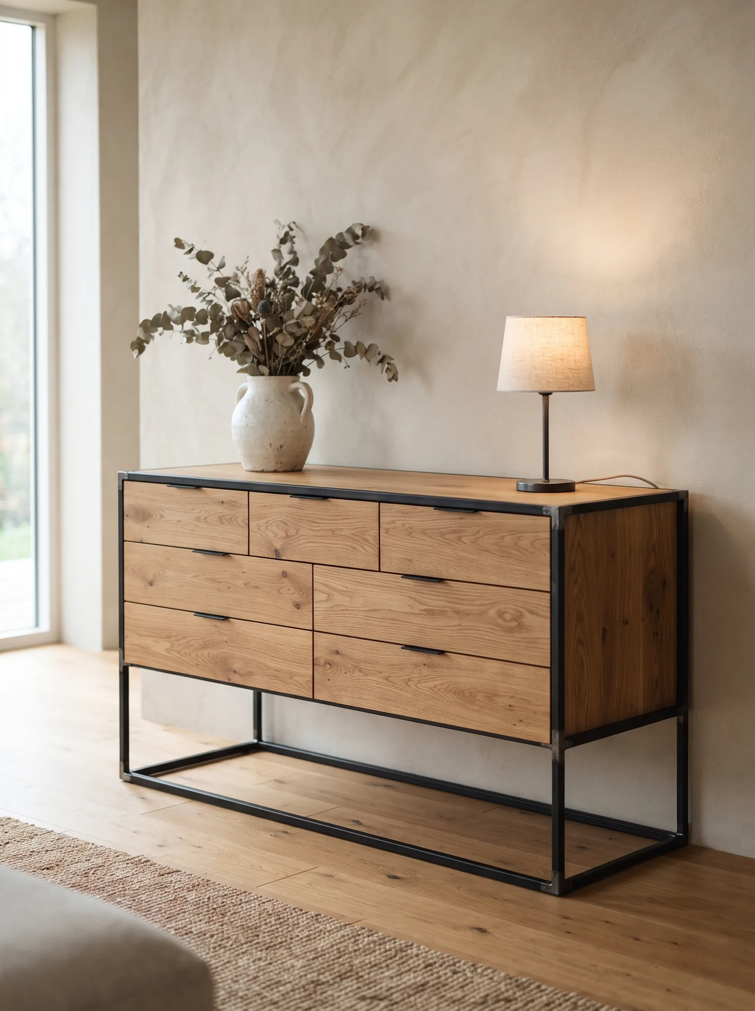 Dressoir met een slank zwart stalen frame en eiken laden tegen een lichte wand