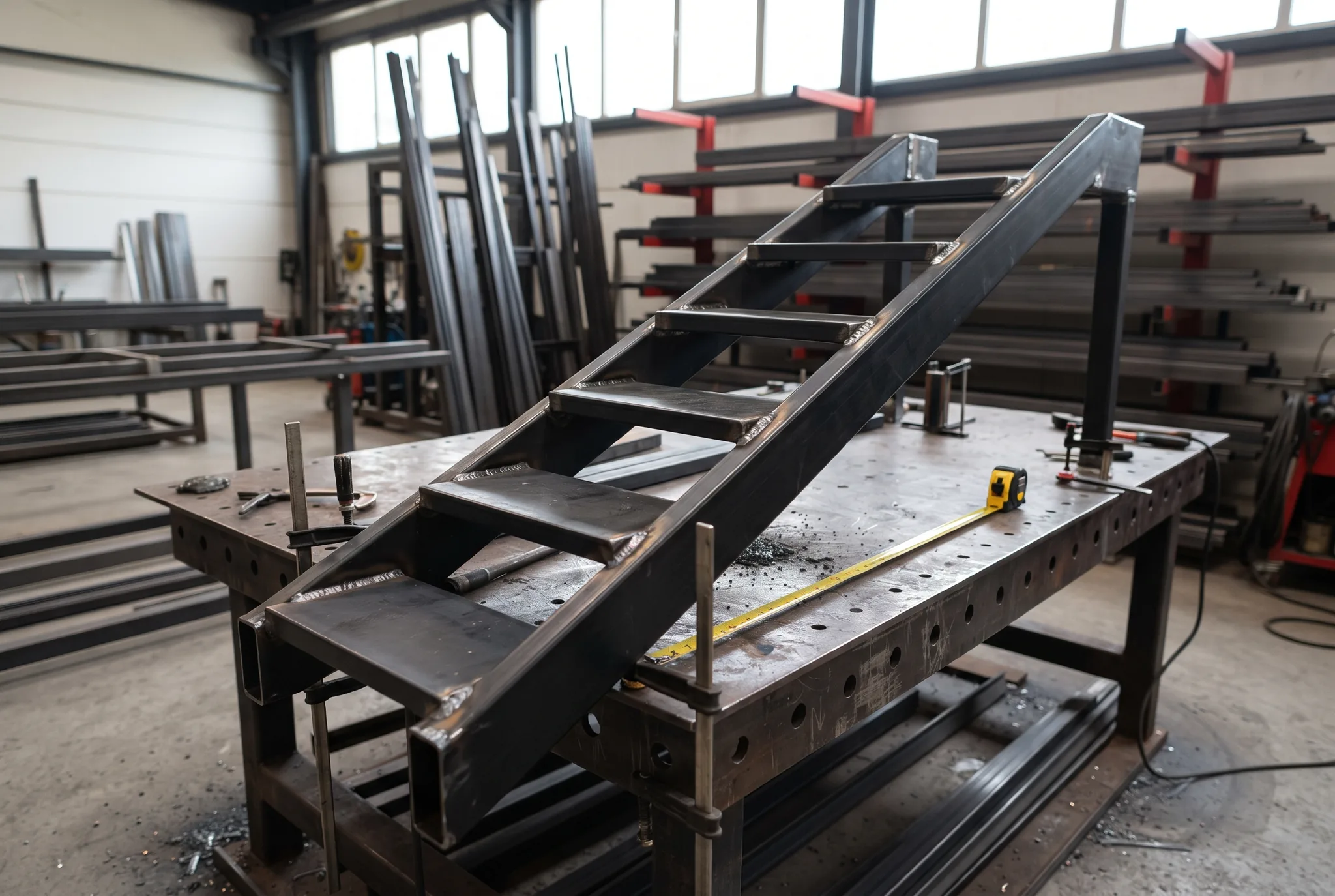 Stalen trap in opbouw op een lastafel in het atelier