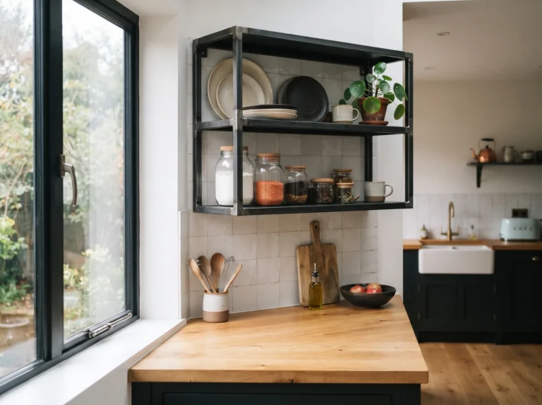 Open wandrek in zwart staal boven een eiken werkblad in een keuken