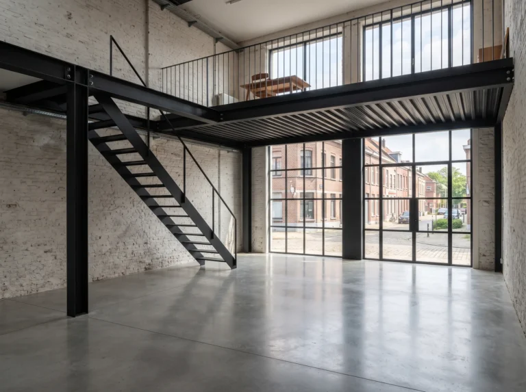 Stalen mezzanine met stalen kolommen, liggers en trap in een gerenoveerde loft