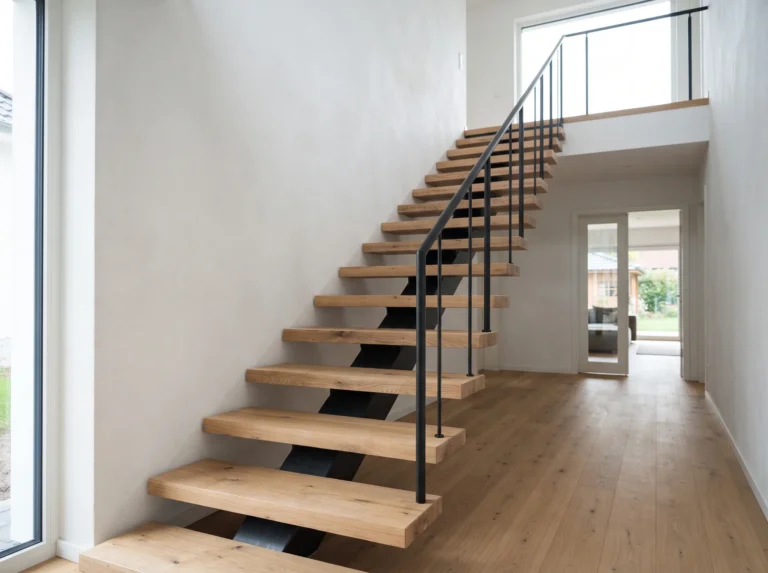 Zwevende trap met een zwart stalen trapboom en massief eiken treden langs een witte wand