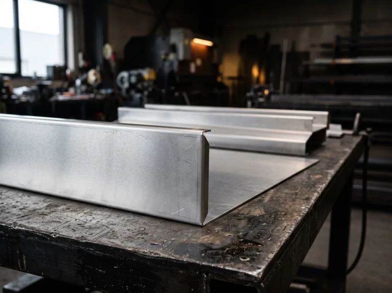 Geplooid aluminium plaatwerk met een scherpe plooi op een werkbank