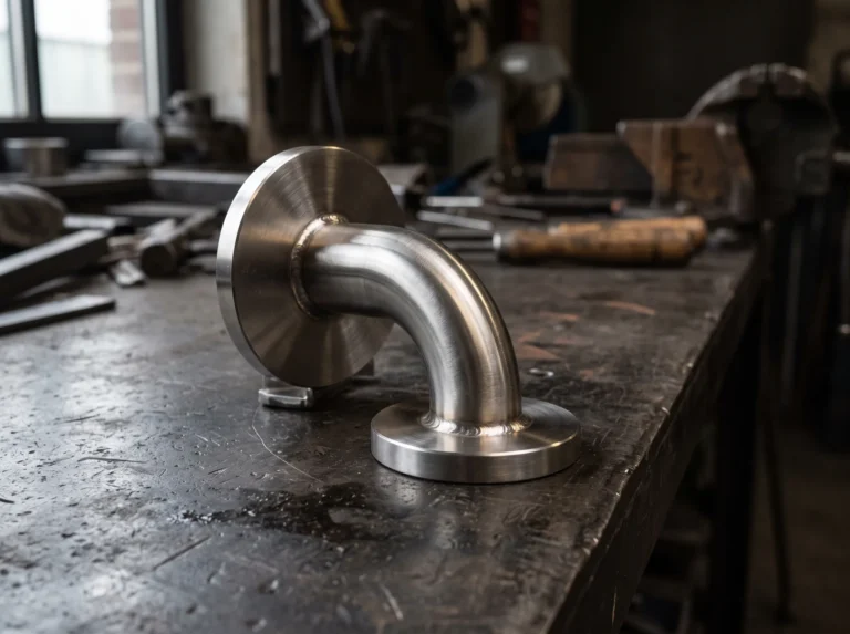 Geborsteld inox leuningstuk met ronde muurplaten en gelaste naden op een werkbank